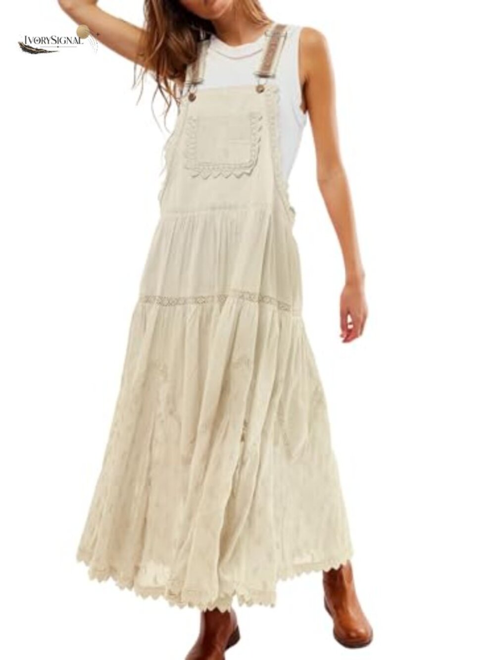 Embroidered Lace Tiered Swing Maxi Dress with Pockets, Adjustable Straps
